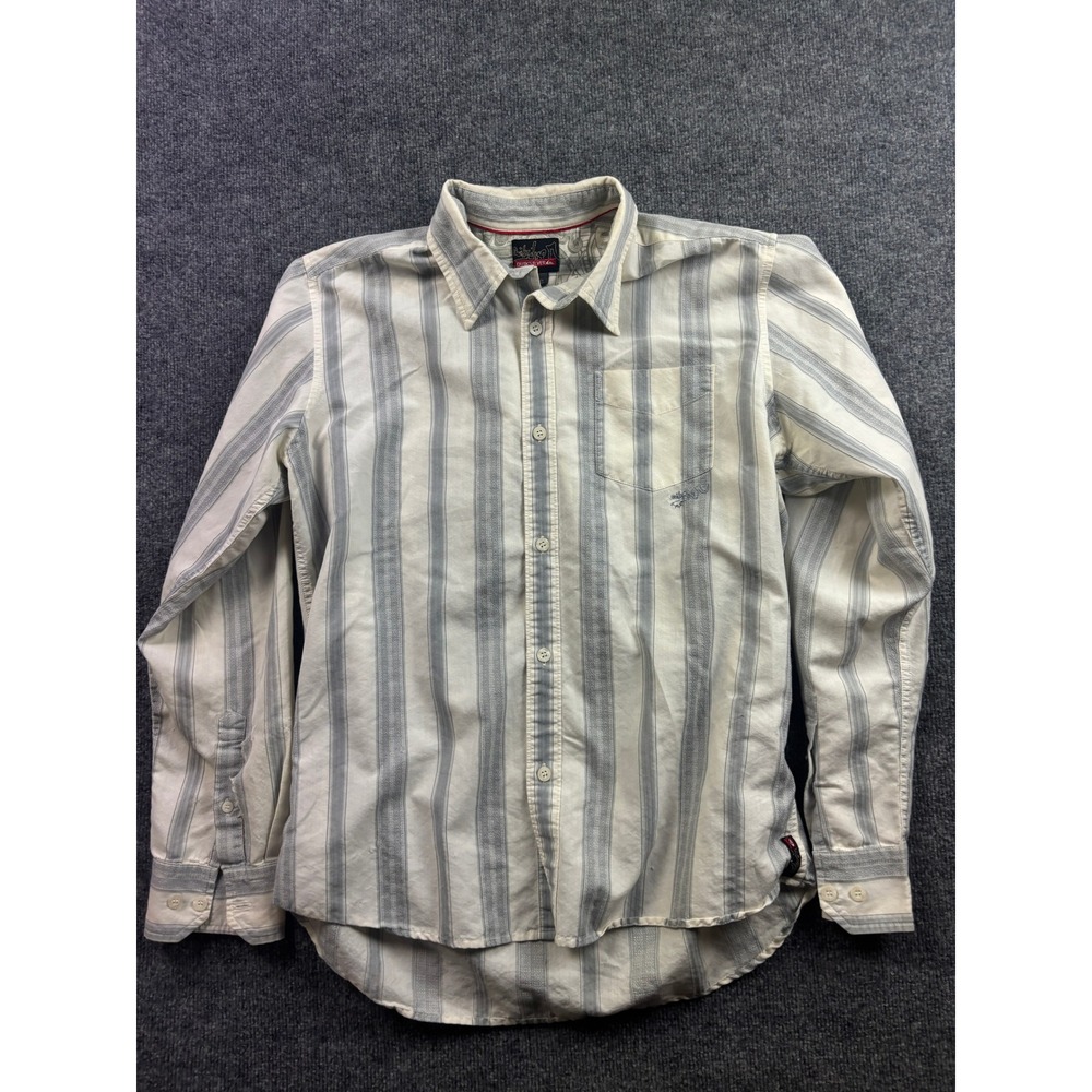 Quiksilver Button Down Shirt Mens L Grey White Striped Long Sleeve Surf T109746